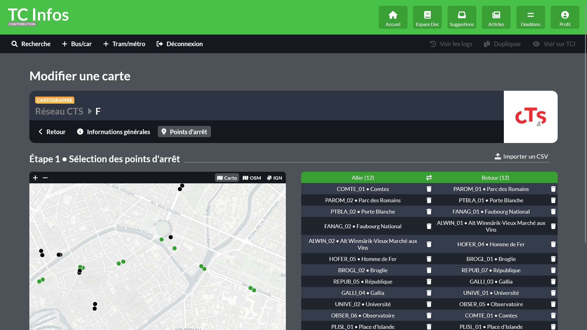 Capture d'écran de l'espace cartographie de TC Infos